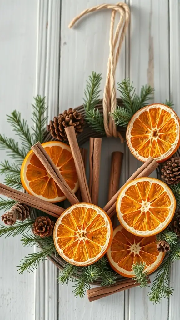 A wreath made of dried orange slices, cinnamon sticks, pinecones, and greenery.