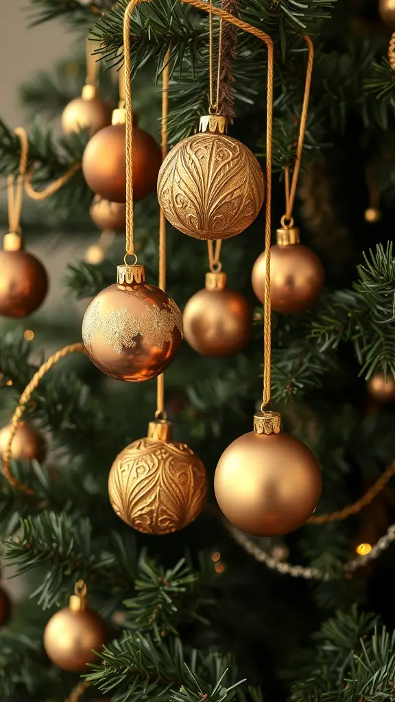 Vintage brown and gold Christmas baubles hanging on a tree.