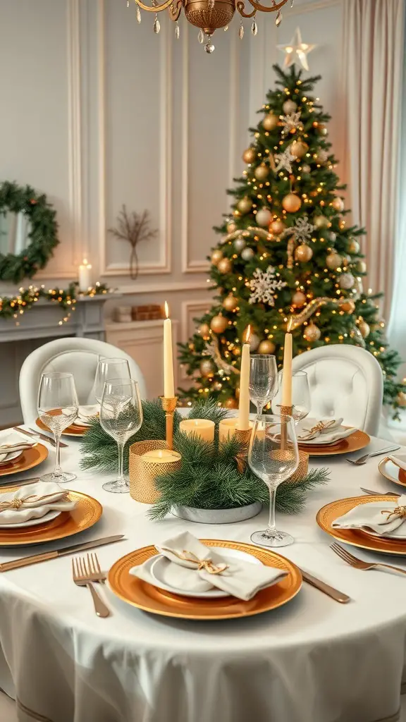 A beautifully set table with cream and gold decor, featuring candles, glassware, and a Christmas tree in the background.