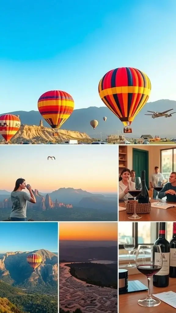 A collage of unique experiences including hot air balloons, wine tasting, scenic views, and cooking classes.