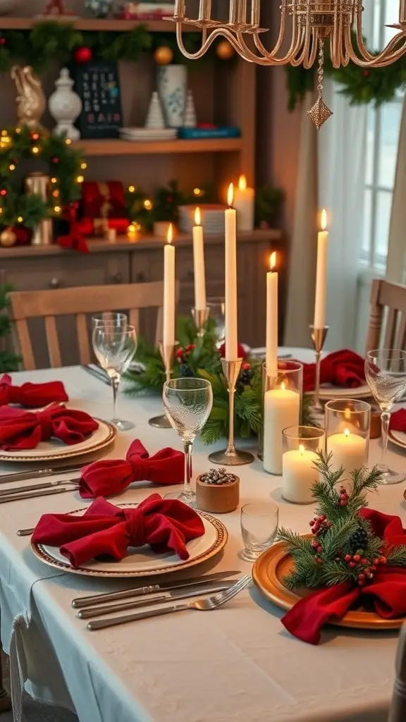 A beautifully set dining table for Christmas with red napkins, candles, and festive decorations.