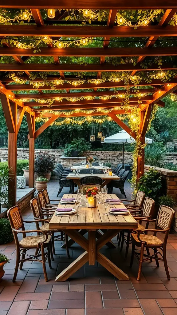 27+ Inspiring Italian Backyard Ideas for a Perfect Outdoor Retreat 3 Outdoor dining area with a wooden table, chairs, and decorative lights.