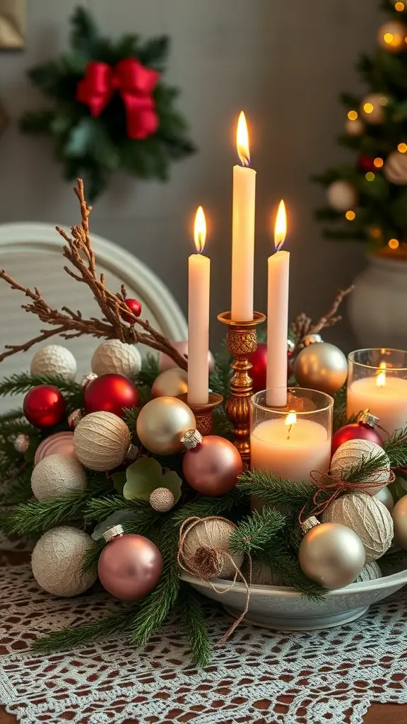 A vintage winter wonderland centerpiece featuring candles, ornaments, and greenery.