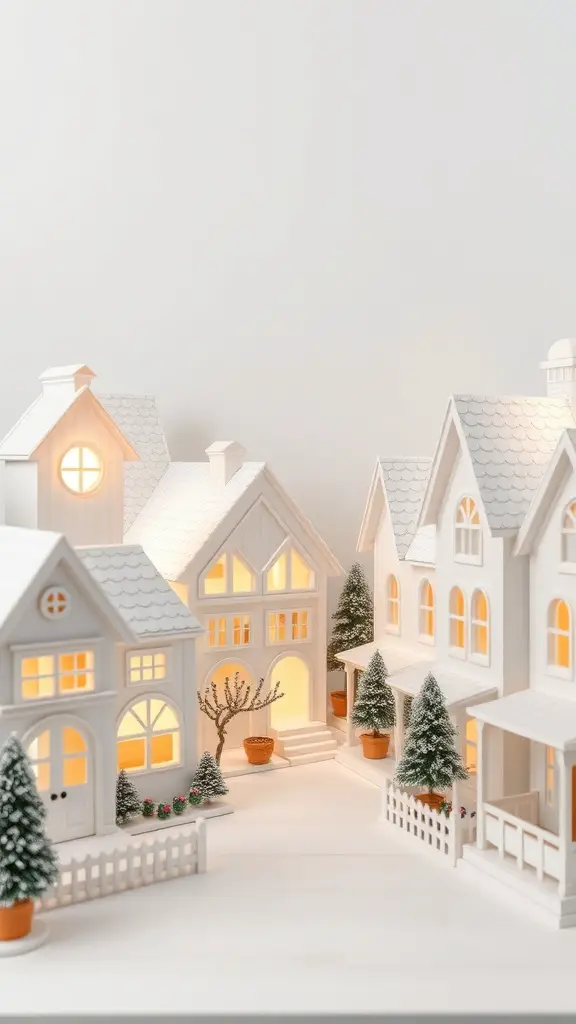 Charming white village display with miniature houses and trees