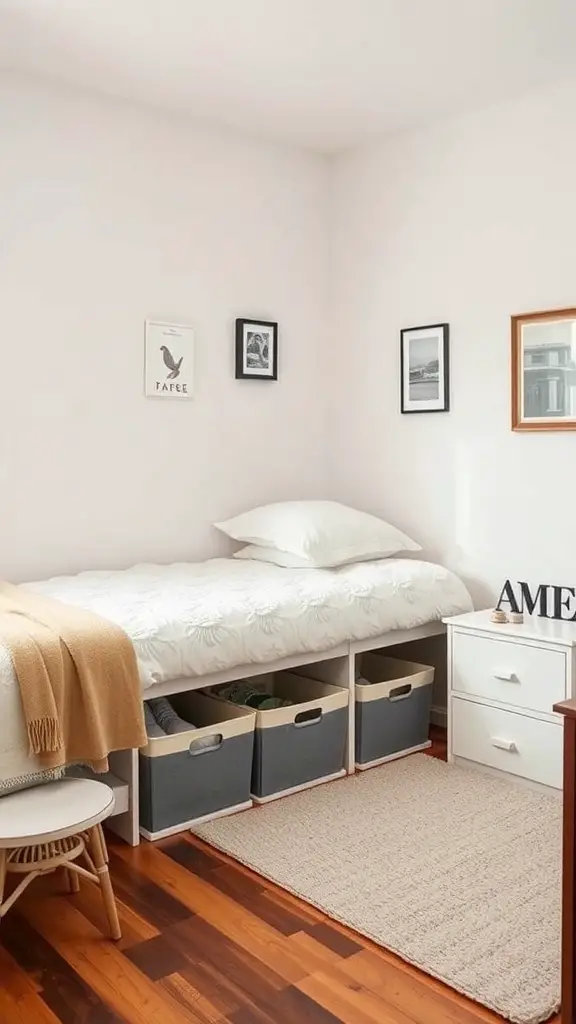 27+ Inspiring Small Bedroom Arrangement Ideas for Maximizing Space 4 A small bedroom with under-bed storage bins, showcasing a cozy bed and organized space.