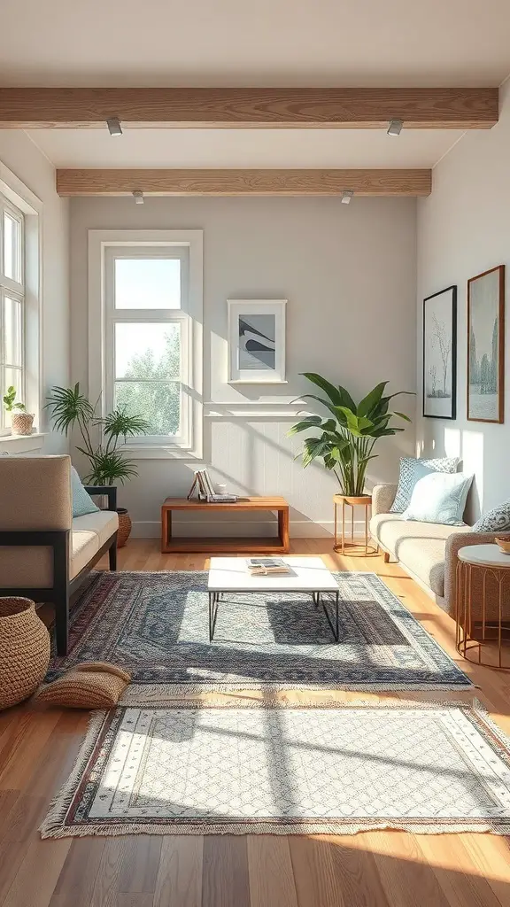 29+ Small Room Makeover Ideas to Maximize Space and Style 14 A cozy living room with two area rugs, one under a coffee table and another smaller rug nearby, creating distinct zones.