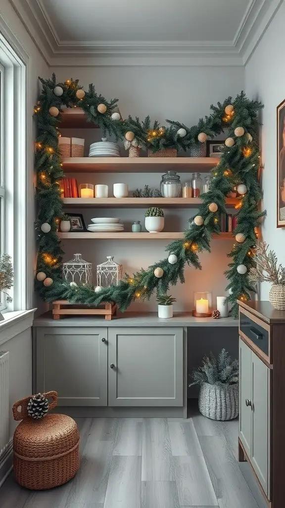 A cozy corner in a small apartment decorated with garland, lights, and ornaments on shelves.