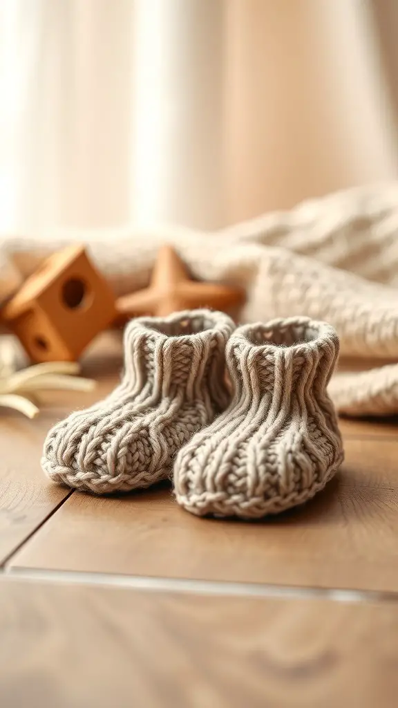 A pair of handmade knit baby booties on a wooden surface, with soft toys in the background.