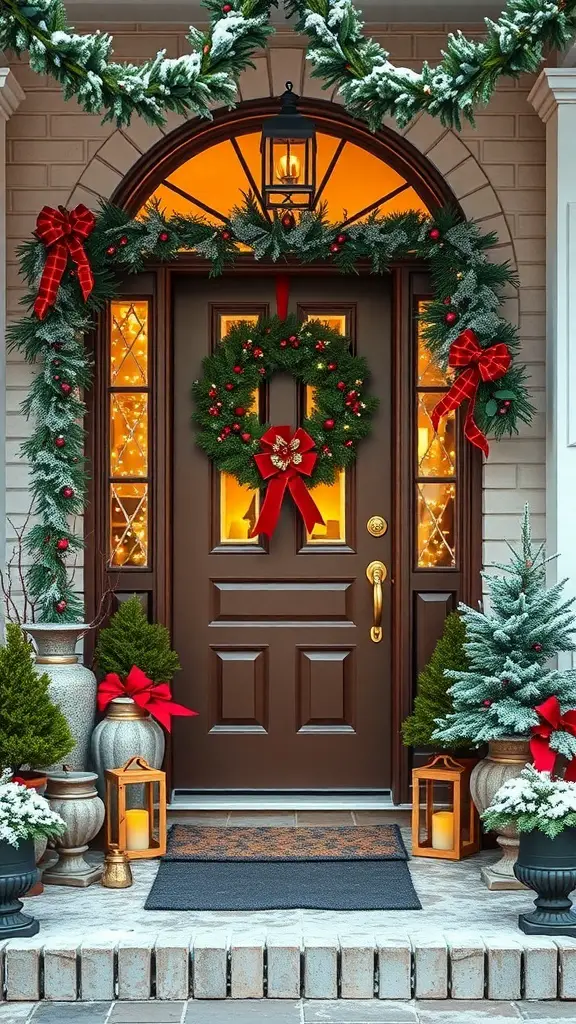 A beautifully decorated entryway for Christmas with a wreath, garland, lanterns, and potted evergreens.