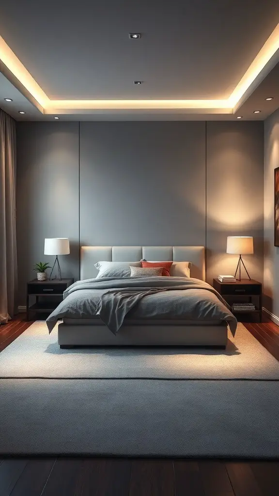 A small master bedroom with a king bed, featuring soft lighting and a cozy atmosphere.