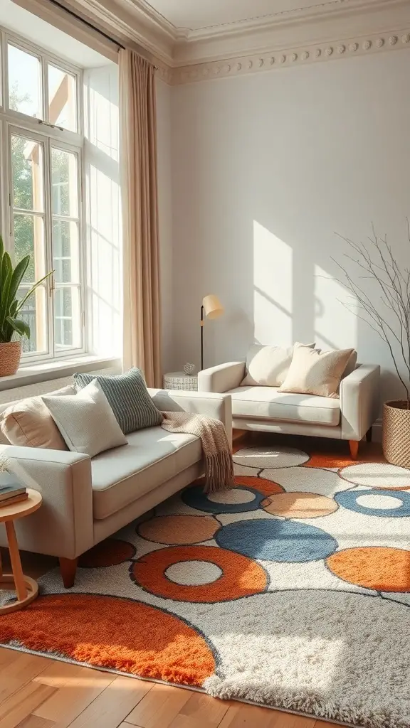29+ Stunning Abstract Rugs to Elevate Your Living Room Decor 5 A cozy living room featuring an abstract rug with vibrant colors and soft furnishings.