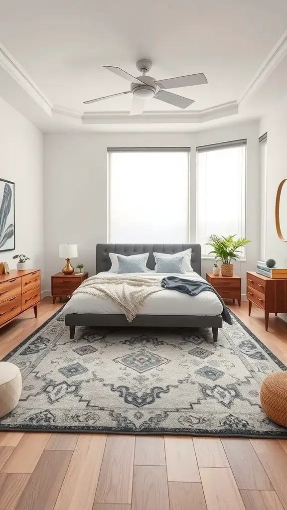 A small master bedroom featuring a king bed, stylish rug, and wooden furniture.