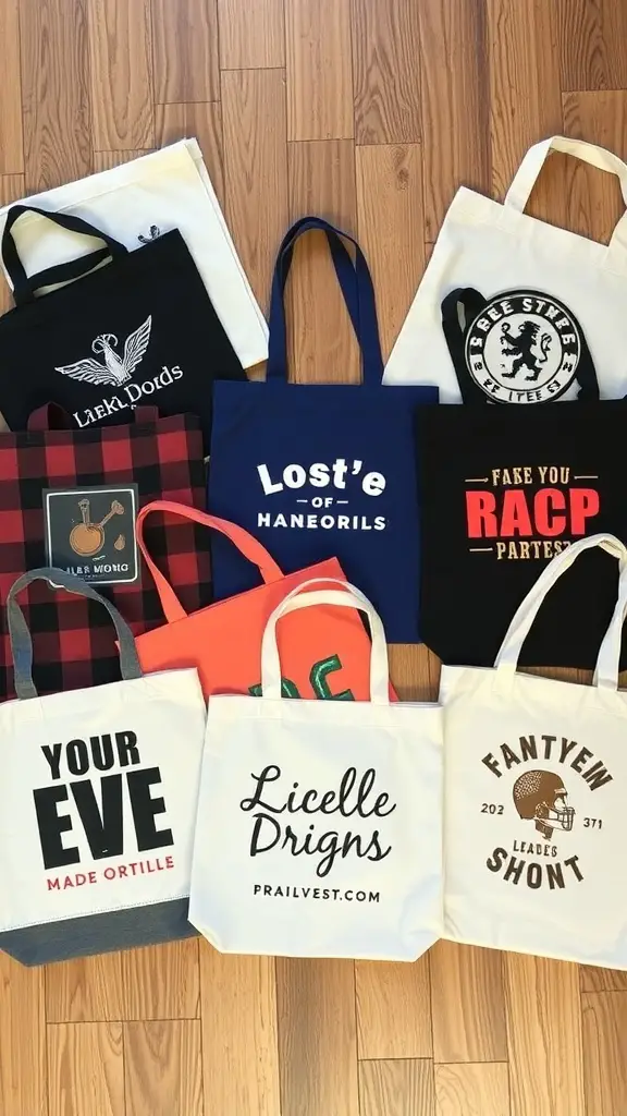 15 Unique Bridesmaid Gift Ideas to Show Your Appreciation 3 A collection of customized tote bags with various designs and colors.