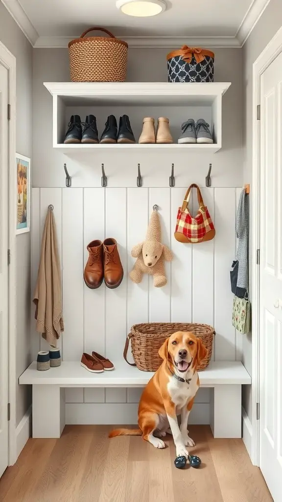 A functional mudroom featuring a bench, hooks, shelves, and a dog sitting on the floor.