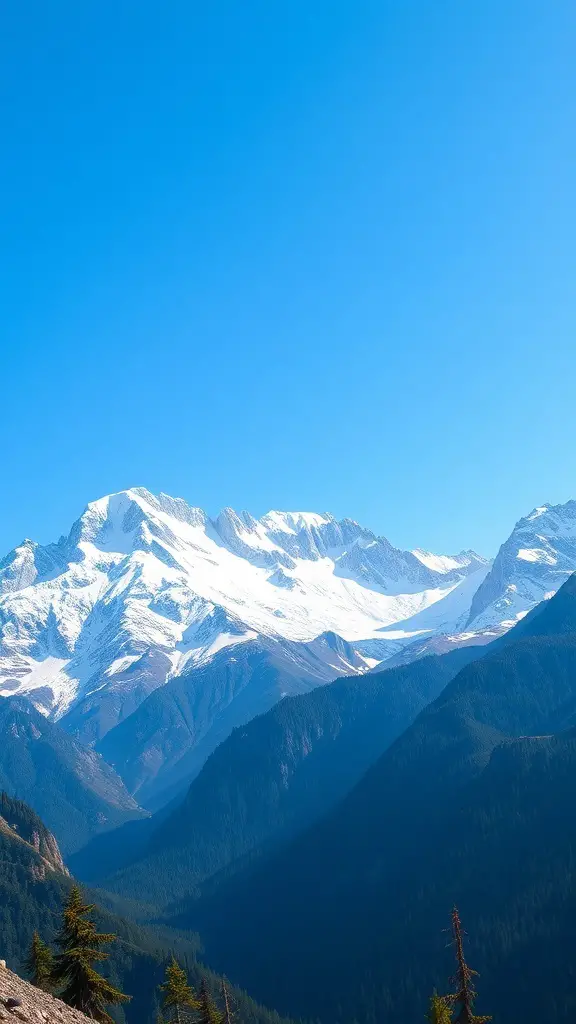 29+ Stunning Landscape Paintings You Need to See 2 A breathtaking view of snow-capped mountains under a clear blue sky.