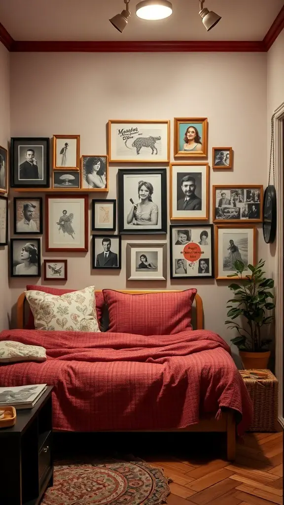 29+ Extra Small Bedroom Ideas to Maximize Space and Style 13 A cozy small bedroom with a gallery wall of framed art and photos, featuring warm red bedding and a potted plant.