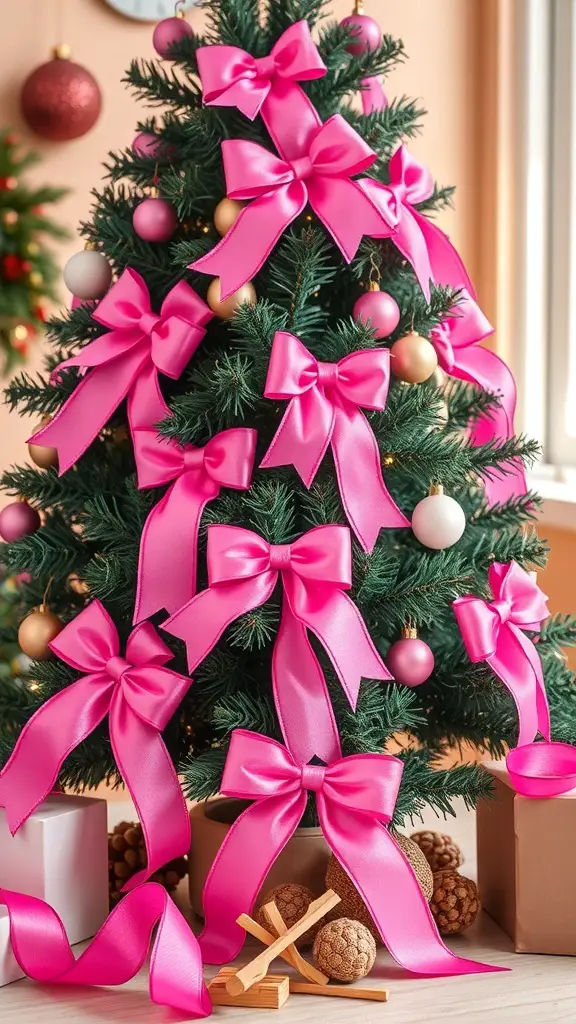 A Christmas tree decorated with pink ribbon bows and ornaments.