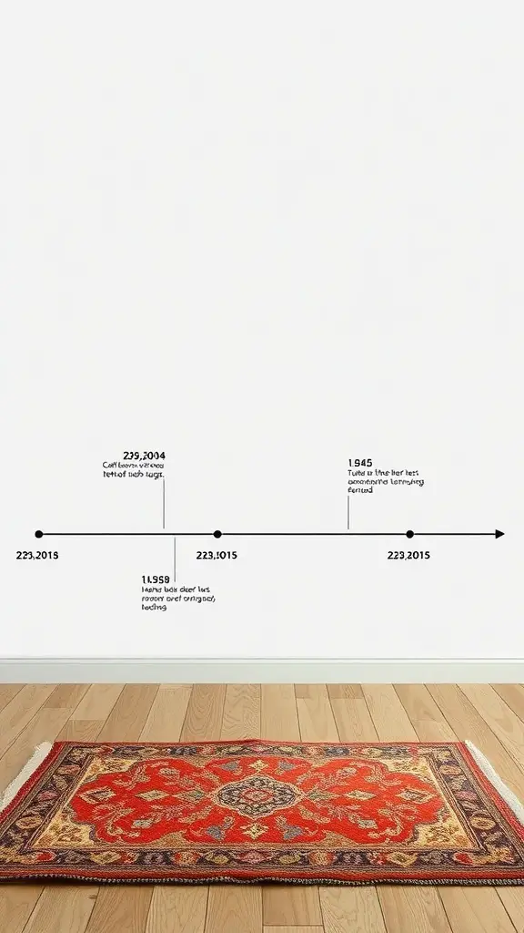31+ Stunning Tufted Rug Designs You’ll Love 11 A tufted rug on wooden flooring with a timeline on the wall showing historical influences on tufted rug design.