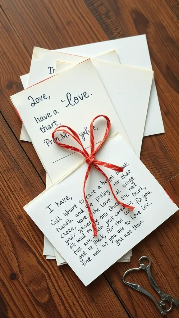 21+ Thoughtful Anniversary Gifts for Parents Celebrating 7 A collection of handwritten love letters tied with a red ribbon on a wooden surface.