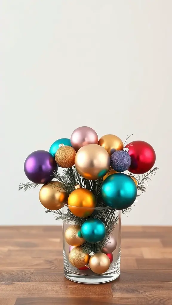 A glass vase filled with colorful ornaments and greenery, serving as a festive centerpiece.