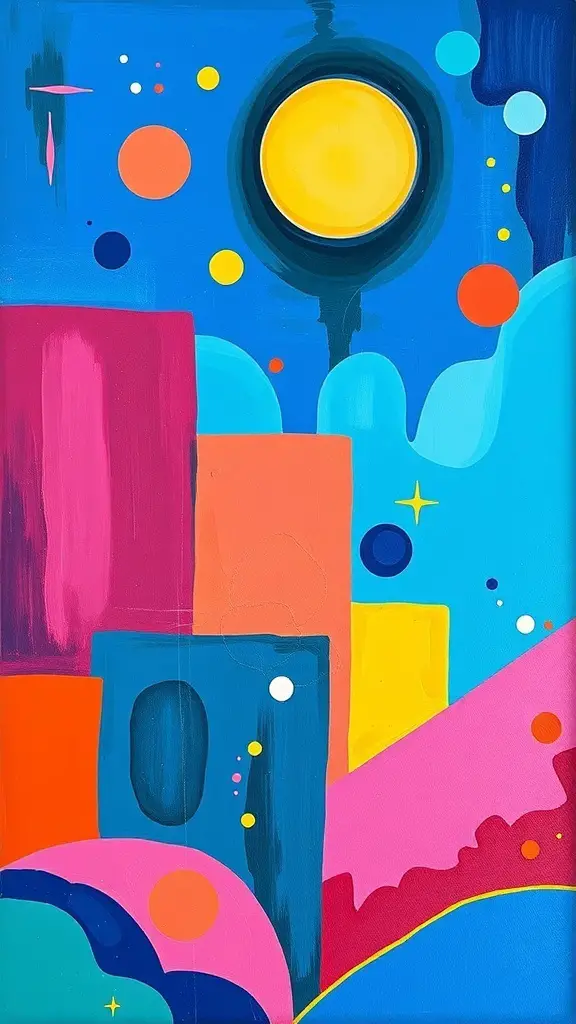 29+ Inspiring Acrylic Painting Ideas to Spark Your Creativity 2 An abstract acrylic painting featuring geometric shapes and vibrant colors.