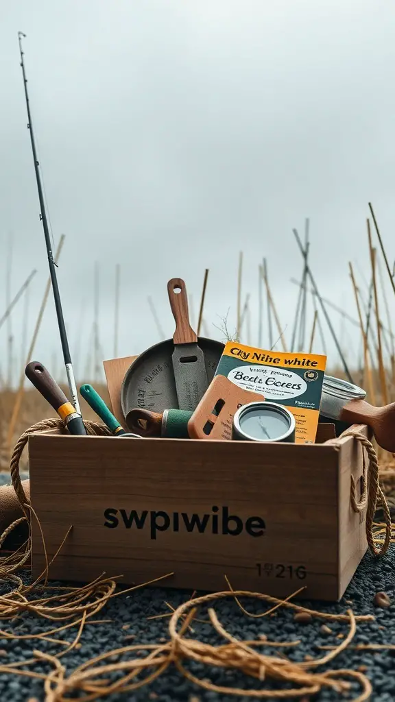 A wooden box filled with fishing tools and cooking utensils.