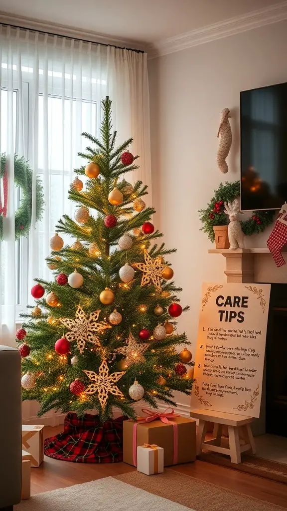 A beautifully decorated Yule Christmas tree with care tips displayed beside it.