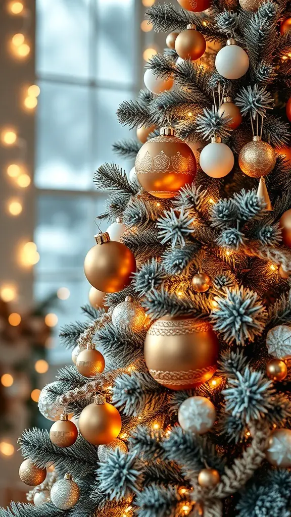 A beautifully decorated bronze Christmas tree with warm lights and ornaments.