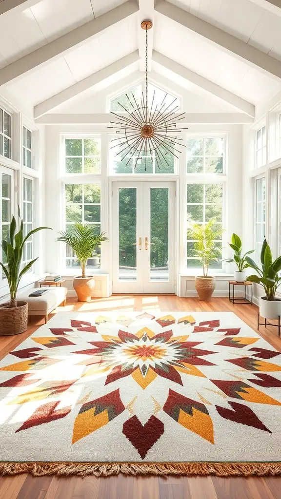 25+ Stunning Geometric Rug Designs for Your Home 15 A symmetrical starburst rug with vibrant colors in a bright room