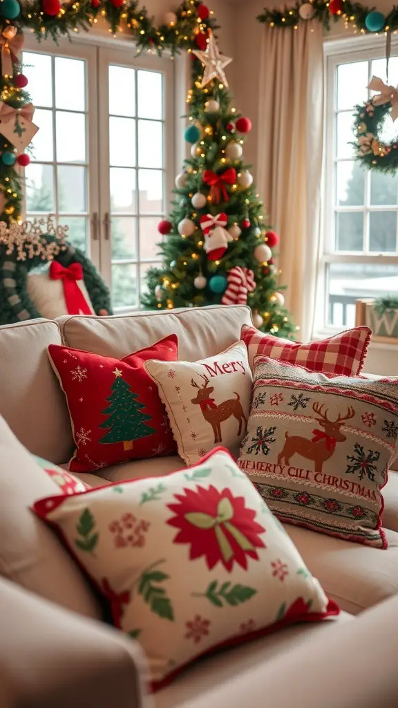 Cozy couch with festive throw pillows featuring Christmas designs.