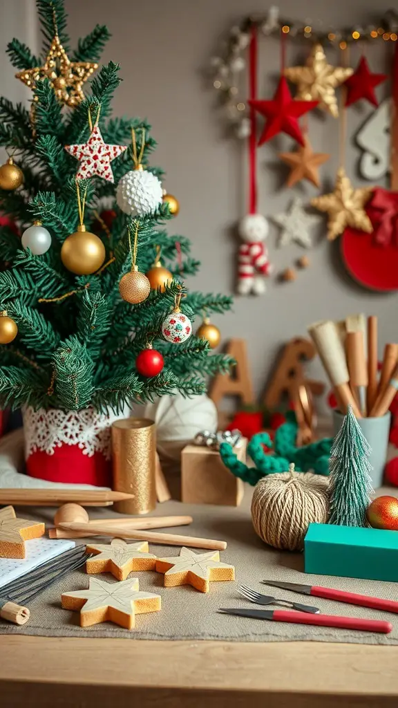 A cozy Christmas crafting scene with a decorated tree and various DIY supplies.