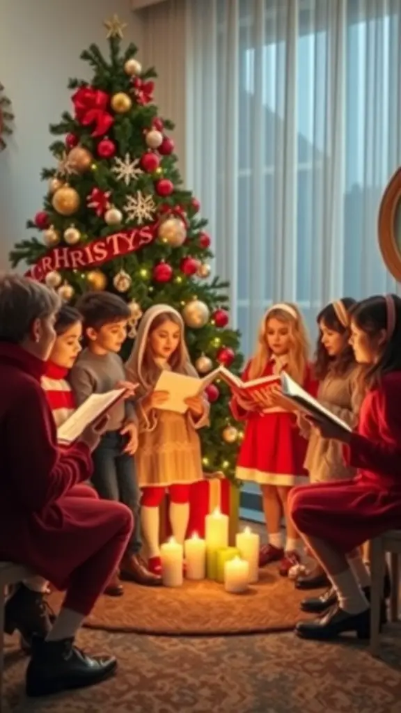 Children singing carols around a Christmas tree with candles.
