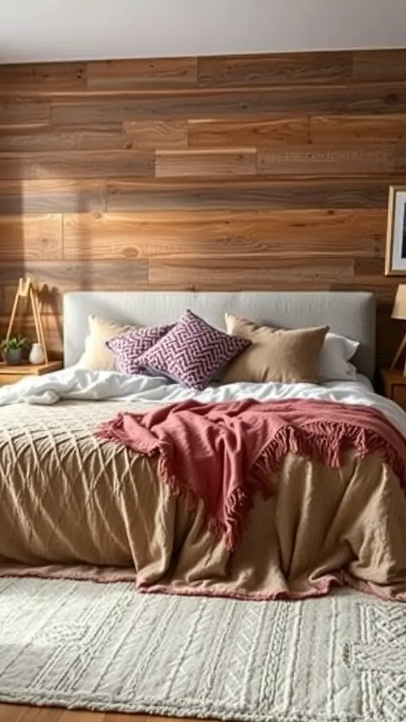 A beautifully styled king bed with layered textures, featuring a neutral duvet, a chunky knit throw, and decorative pillows against a wooden wall.