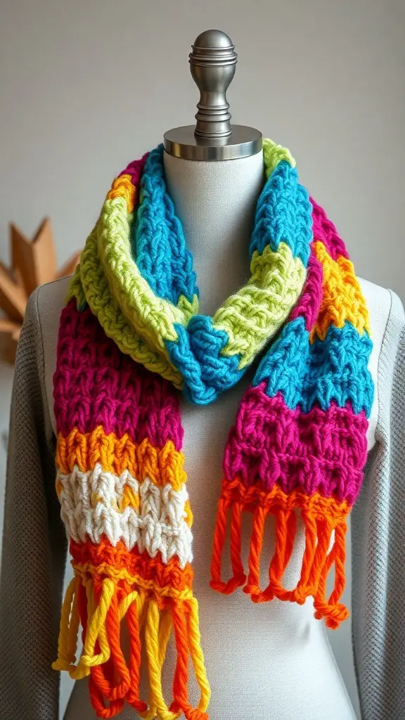 23+ Thoughtful Homemade Gift Ideas for Your Boyfriend 12 Colorful knitted scarf displayed on a mannequin