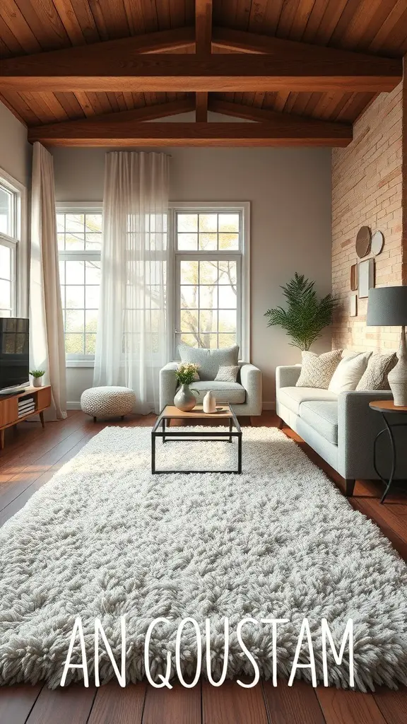 A cozy living room with a large, fluffy rug, wooden beams, and natural light.