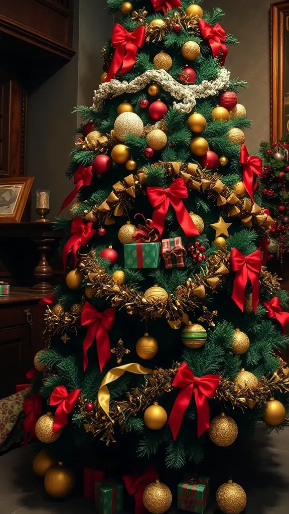 A beautifully decorated old-world Christmas tree with red bows, golden ornaments, and shimmering garlands.