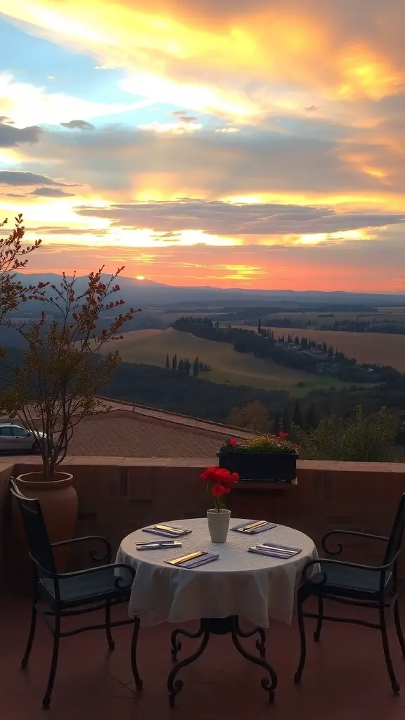 29+ Stunning Tuscan Patio Ideas for Your Outdoor Oasis 9 A cozy Tuscan patio with a table set for two, overlooking rolling hills at sunset.