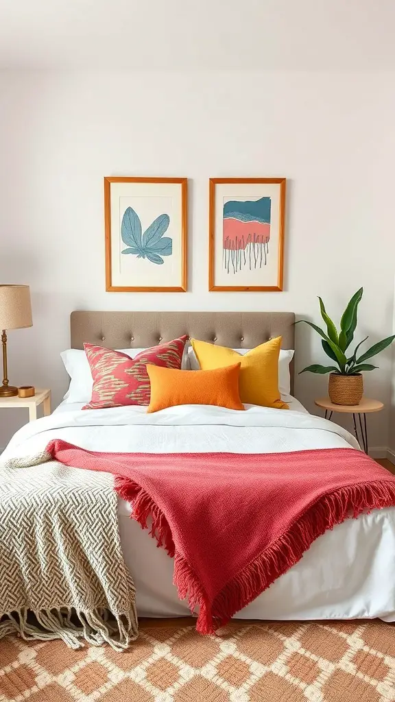 31+ Stylish Bedroom Ideas for Small Rooms 13 A cozy bedroom with colorful accents including pillows, a throw blanket, and framed artwork.