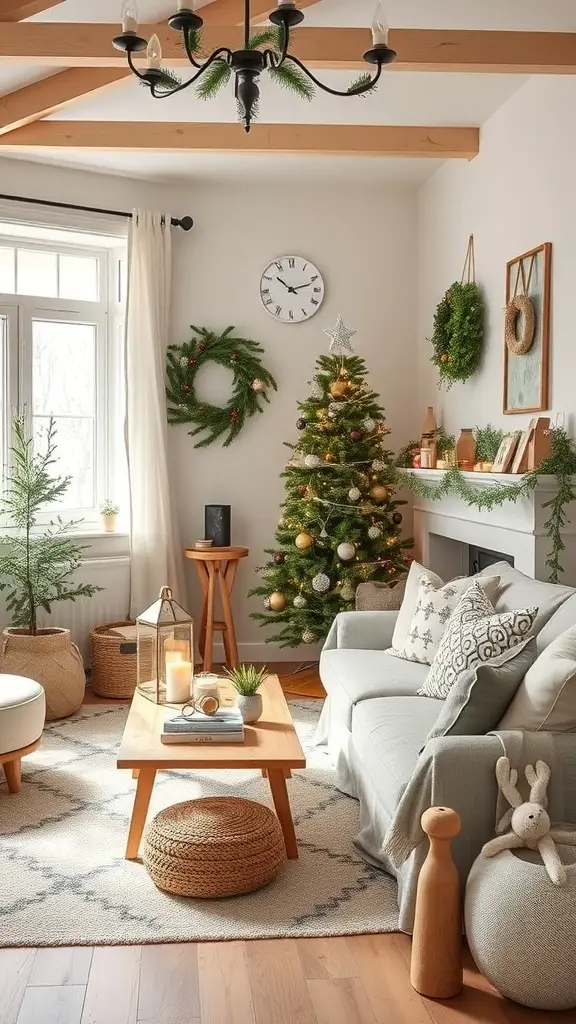 A cozy Scandinavian-inspired living room decorated for Christmas with a tree, greenery, and warm lighting.