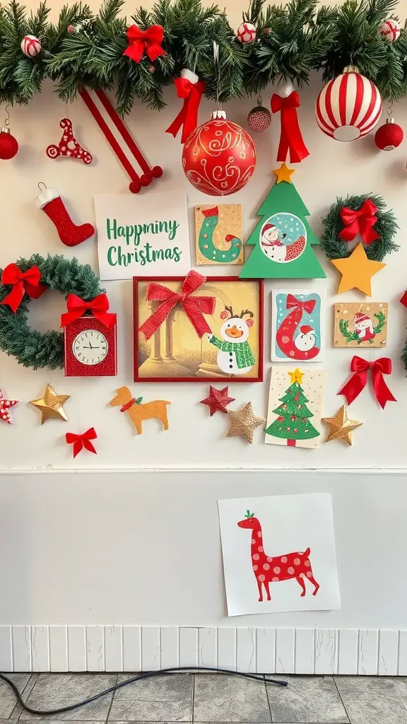 Colorful Christmas wall art with ornaments, wreaths, and festive decorations