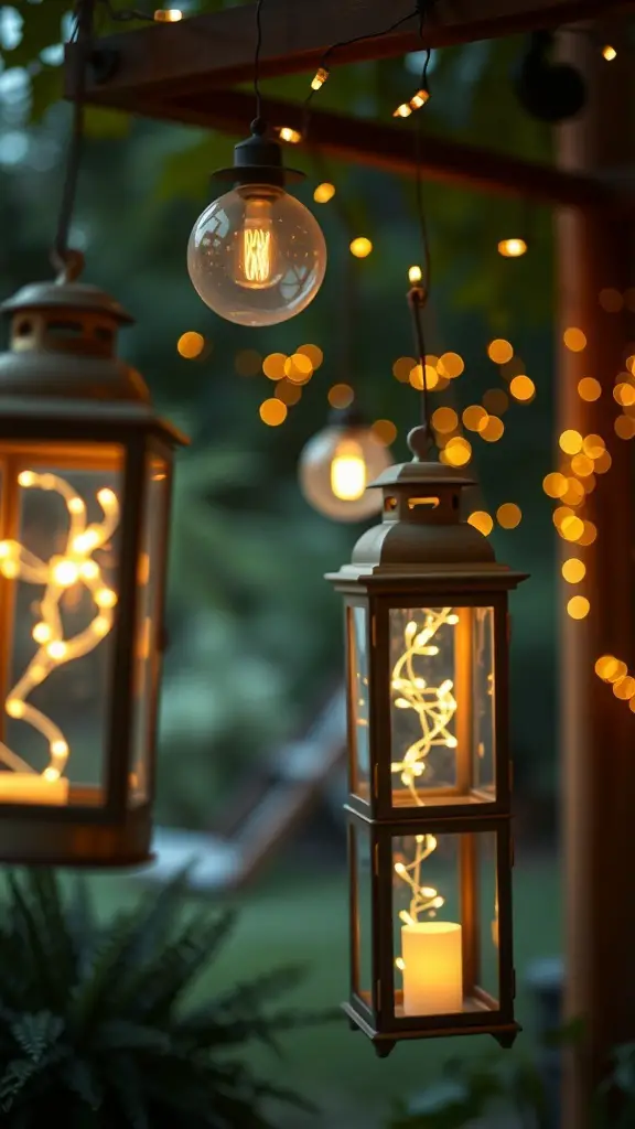 Vintage lanterns with fairy lights hanging in a garden setting