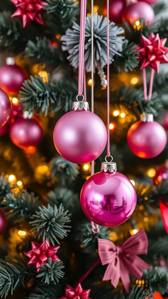 Close-up of pink ornaments hanging on a Christmas tree