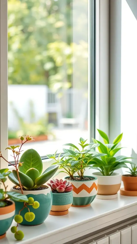 15 Unique Bridesmaid Gift Ideas to Show Your Appreciation 11 A variety of potted plants on a windowsill, showcasing colorful pots and lush greenery.