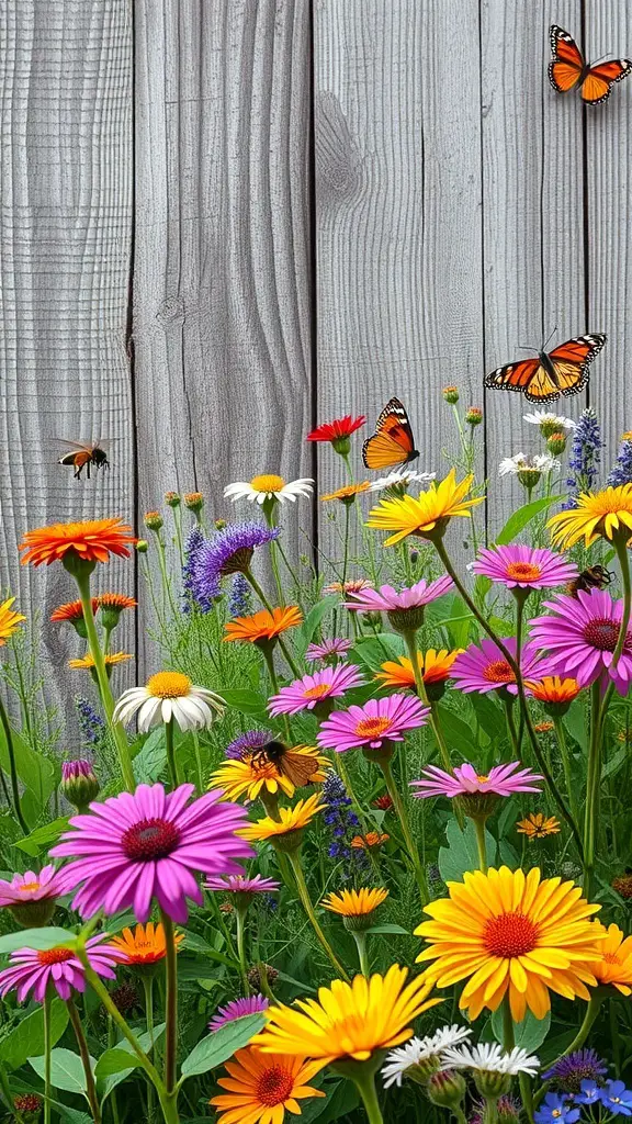 A colorful wildflower garden with pink, yellow, and purple flowers in front of a rustic wooden fence, featuring butterflies and bees.