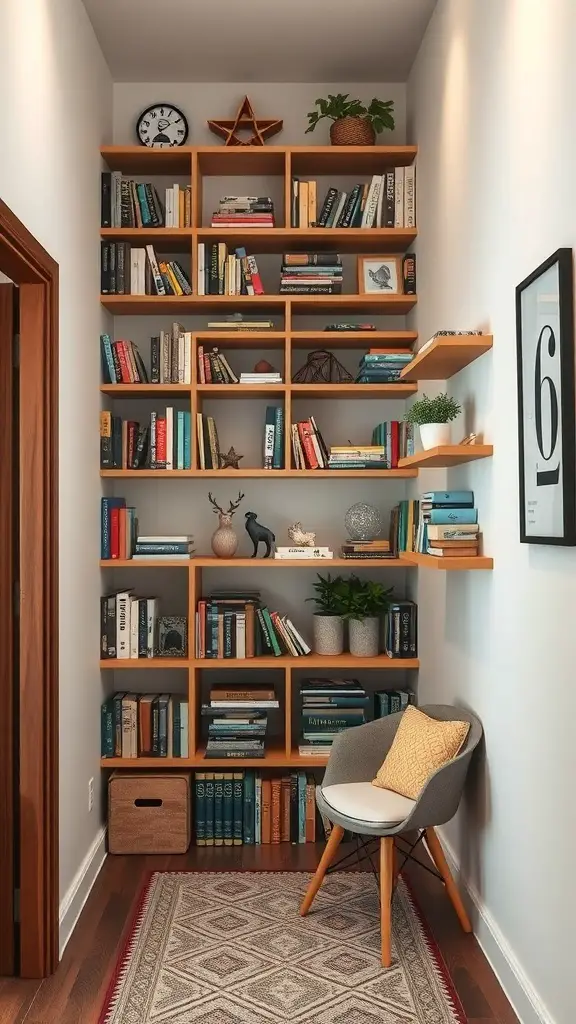 31+ Genius Narrow Bedroom Ideas to Maximize Space 6 A narrow bedroom with a tall wooden shelving unit filled with books and decorative items.