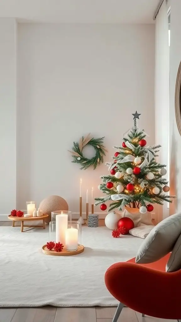 A cozy modern minimalist Christmas decor featuring a small tree with red and white ornaments, candles, and a wreath.