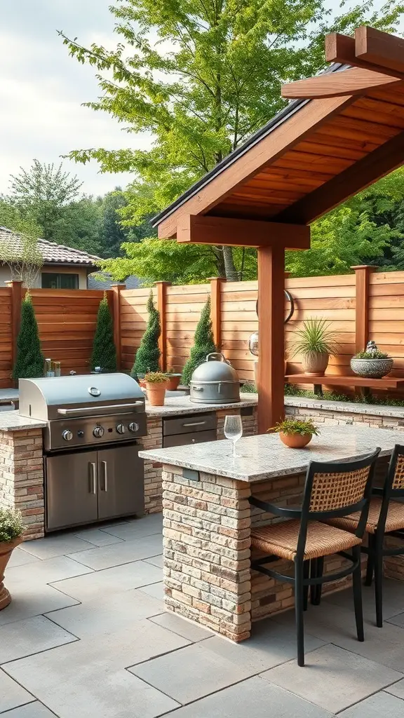 27+ Inspiring Italian Backyard Ideas for a Perfect Outdoor Retreat 10 Outdoor kitchen with grill and seating area surrounded by greenery