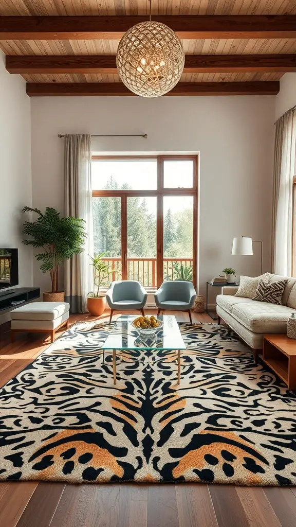 29+ Stylish Living Room Area Rug Ideas to Transform Your Space 10 Living room featuring a tiger print area rug with modern furniture and natural lighting