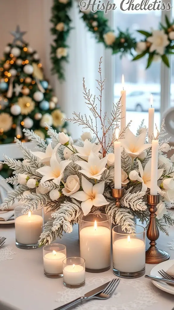 A winter-themed centerpiece with white flowers, candles, and greenery.