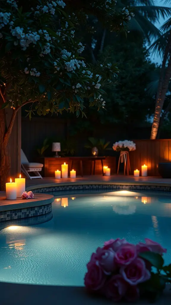 A romantic private pool setting with candles and flowers, creating an intimate atmosphere for couples.